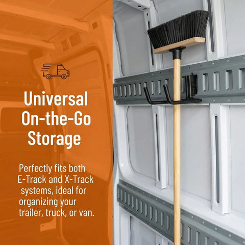 Two Pack E Track Heavy Duty Double J Tool Hook Holder 13mm Diameter Powder Coated Steel For Long Handled Tools in use
