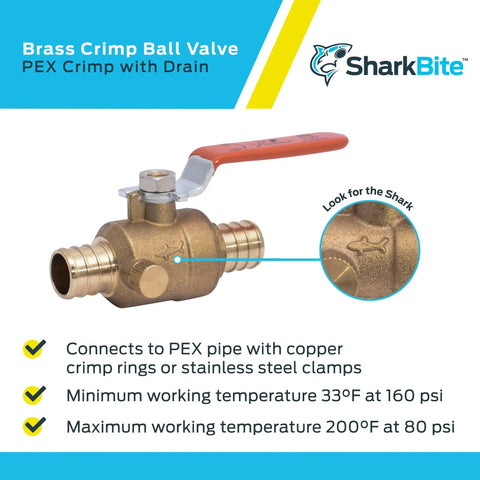 3/4 Inch Crimp Ball Valve With Drain For Brass Plumbing Fittings PEX And PE-RT Pipe Systems highlighted details