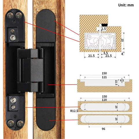 Hidden Door Hinges 6 Inch Concealed Zinc Alloy Butt Hinge With 180 Degree Swing And 3 Way Adjustable Design Pack Of 2 Silver Finish