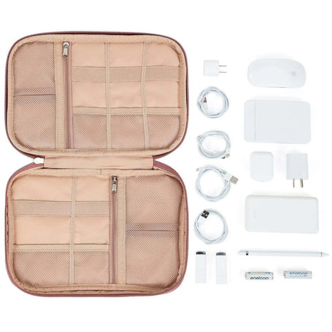 Hassle Free Travel Cable Caddy For Tech Gear And Electronic Accessories Featuring Huge Capacity Custom Pockets with organized cables and chargers.