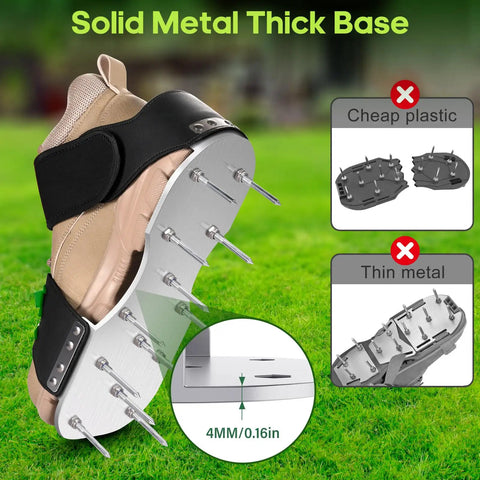 Lawn aerator shoes with 3mm metal bottom and bend-resistant spikes on grass