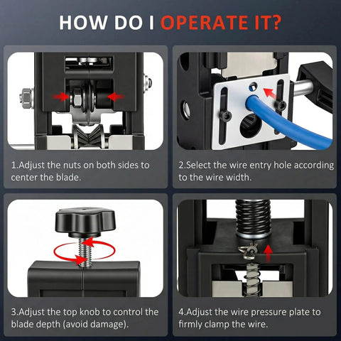 Instructional steps for using Beast Of A Drill Powered Wire Stripper Machine With Hardened Blades And V Groove Rollers For 0.06 To 1 Inch Wires