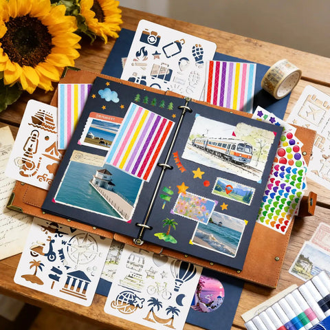Badass Vintage Leather Scrapbook Album With Sixty Pages Memory Book And Hella Cute Travel Journal Kit For DIY Photo Keepsakes And Totally Sweet Anniversary Gifts Featuring Metal Rivet Binding And Complete Craft Supplies Inside showing colorful stickers and decorated pages.