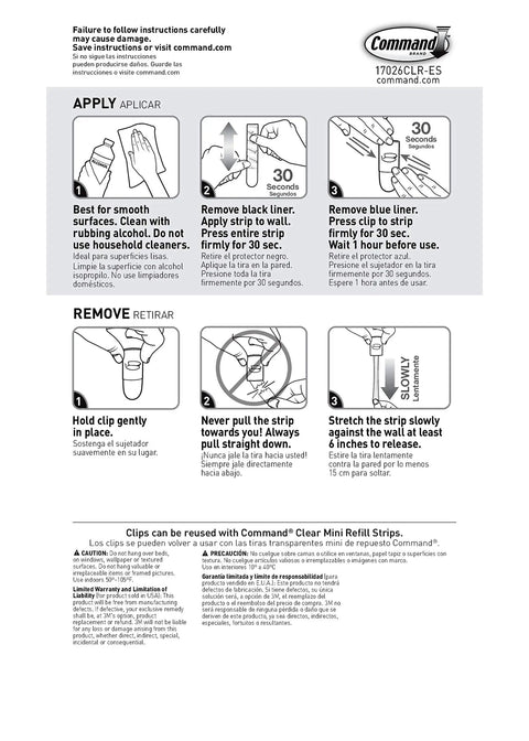 Instructions for Clear Mini Light Clips For Damage-Free Decorating, 160 Clips Total, showing application and removal process.