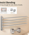 Diagram showing Extra Long 19.5 Inch Swivel Towel Rack With Four Arms, SUS304 Stainless Steel, supporting 6.6 lb wet towels