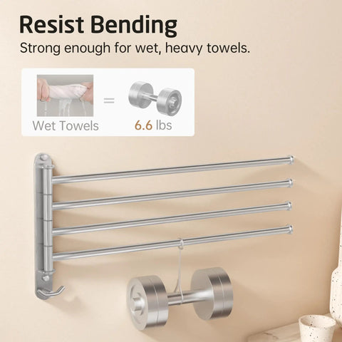 Diagram showing Extra Long 19.5 Inch Swivel Towel Rack With Four Arms, SUS304 Stainless Steel, supporting 6.6 lb wet towels