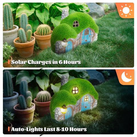 Chill Solar Garden Figurine Light Statue For Outdoor Yard Decor Resin Handmade House Garden Figurine with solar lights, day and night view.