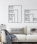Image size comparison chart above a sofa with cushions, showing different sizes including 12x16 inches for framed prints.