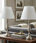 Brushed Steel Table Lamps Set Of 2 Traditional Accent Lights With LED Bulbs For Bedroom Living Room Office And Entryway Modern Home Decor With Soft Warm Glow On Nightstands And End Tables displayed in a living room.