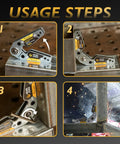 TOOLIOM adjustable welding magnet, 20°–200° range with 48 lb pull, shown in front, side, close-up and installed views.
