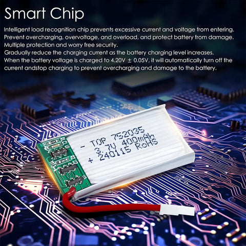 3.7V 400mAh LiPo Drone Battery Pack with Smart Chip on Circuit Board Background