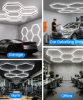 Hexagon LED Garage Light 168W 5 Grid Kit with 18480LM Ultra Bright 6500K Daylight Output installed in various settings