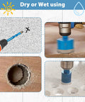 Diamond Tile Hole Saw Kit 13 Piece Set with Eight Diamond Hole Saws shown in use on tile, wood, and masonry surfaces.