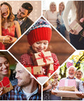Collage of people exchanging gifts in various settings, featuring wrapped presents and joyful expressions.