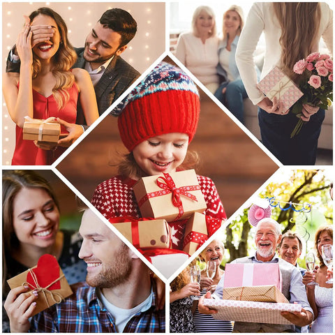 Collage of people exchanging gifts in various settings, featuring wrapped presents and joyful expressions.