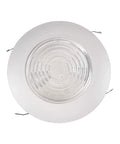 Six Inch White Recessed Shower Ceiling Trim With Glass Fresnel Lens Fits Standard 6 Inch Can Housing, top view.
