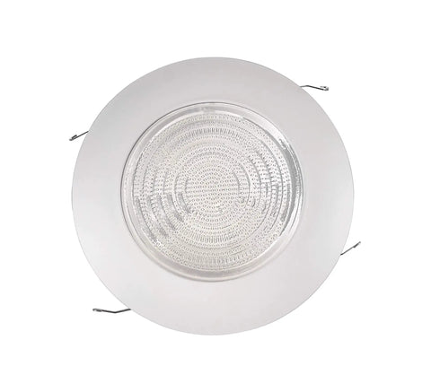 Six Inch White Recessed Shower Ceiling Trim With Glass Fresnel Lens Fits Standard 6 Inch Can Housing, top view.