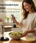 Woman using 2 Pack Rechargeable Electric Salt And Pepper Grinder Set With USB Type C Charging, cordless mills in kitchen