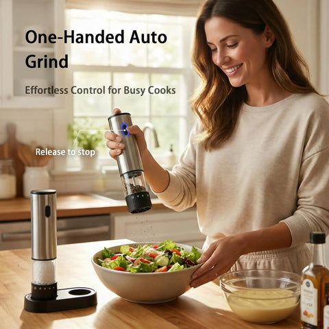 Woman using 2 Pack Rechargeable Electric Salt And Pepper Grinder Set With USB Type C Charging, cordless mills in kitchen
