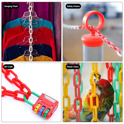 Collage of colorful chains in various uses including red safety chain on post, hanging chain with clothes, and parrot with plastic chains