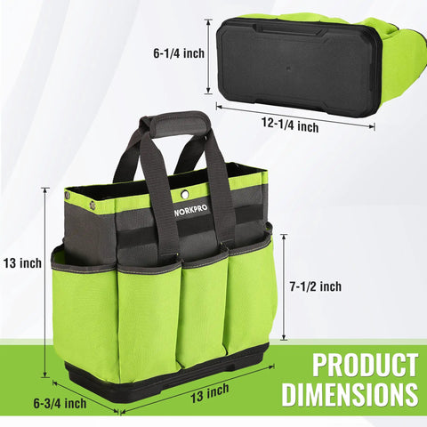 Durable Garden Tool Tote With Waterproof Plastic Base, Eight Pocket Oxford Caddy For Indoor And Outdoor Use, product dimensions shown