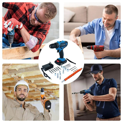 Heavy Duty 21V Brushless Cordless Drill Set With Badass Torque Two Speed Modes And Complete Screwdriver Bits For Concrete Metal Chores And Rapid Pro Diy Builds Today used by various men on DIY projects.