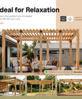 Wooden pergola structure with family relaxing on patio, showcasing outdoor living space and design potential.