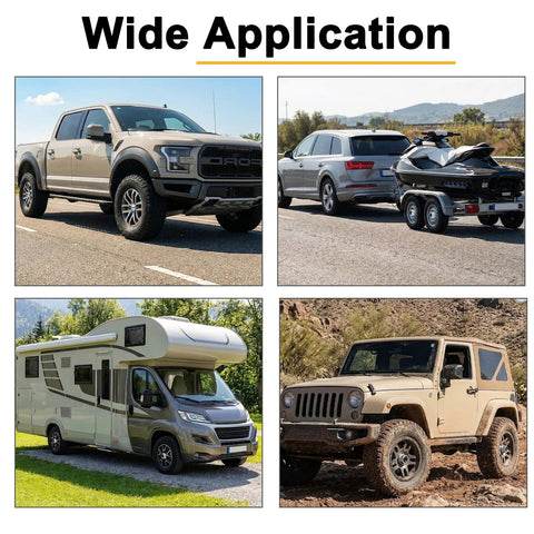 AIUWIZO 1.98-inch trailer axle dust cap set; collage shows pickup, SUV with jet-ski trailer, motorhome, Jeep.