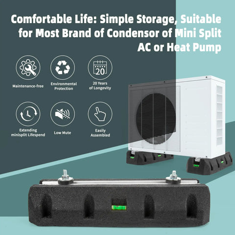 Beefy Heavy Duty Floor Mounting Base Pad for Mini Split Air Conditioners and Ductless Heat Pumps with isolator feet shown
