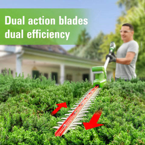 Man using Cordless 24V Polesaw And Hedge Trimmer Combo Kit with 20 inch hedge trimmer pole on bushes