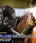 Welder using 2 Pack Welding Helmet Cover And Bib Set With Flame Retardant Fabric, Press Fit Neck Seal, sparks visible
