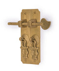 Brass Round Corner Cabinet Backplate Strip 4.1 Inch Overall Assembly With Pull for small door decoration, shown with ornate design.