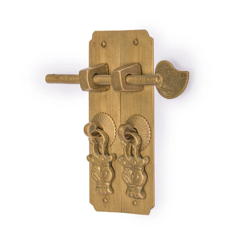 Brass Round Corner Cabinet Backplate Strip 4.1 Inch Overall Assembly With Pull for small door decoration, shown with ornate design.