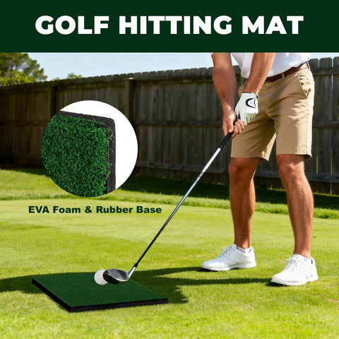 Golf Chipping Net Set For Backyard Practice With Hitting Mat and Rubber Base, shows focus on golf club on mat.
