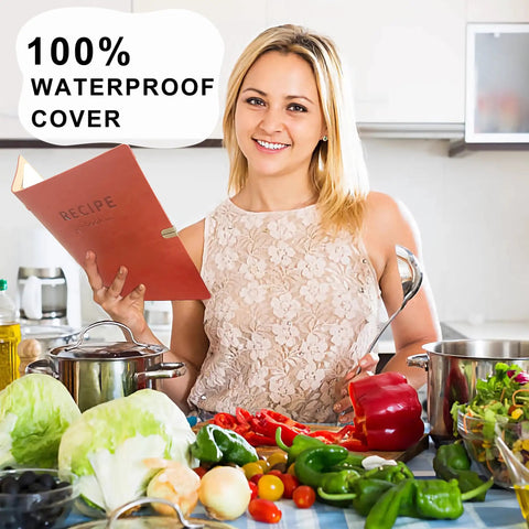 Woman holding Leather Recipe Book With Index Pages And Templates, preparing food, showing cookbook with waterproof cover.