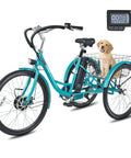 All Day Electric Tricycle For Adults 350W 7 Speed Trike With 468Wh Removable Battery 24 Inch Three Wheel E Trike For Seniors Men Women Heavy Duty 330 Lb Capacity Motorized Pedal Assist Bike, turquoise with basket and dog