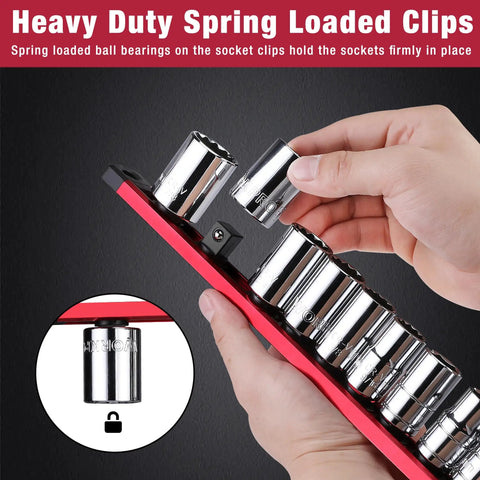 Magnetic Socket Rail Organizer For 3/8-Inch Drive Set Aluminum Alloy Socket Holder With 10 Red Clips in use