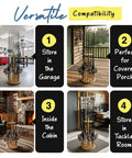 Versatile round 16 rod storage rack with handcrafted wood post no tool assembly wood grain laminate easy access fishing rod organizer.