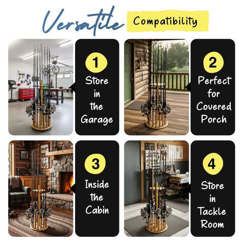 Versatile round 16 rod storage rack with handcrafted wood post no tool assembly wood grain laminate easy access fishing rod organizer.