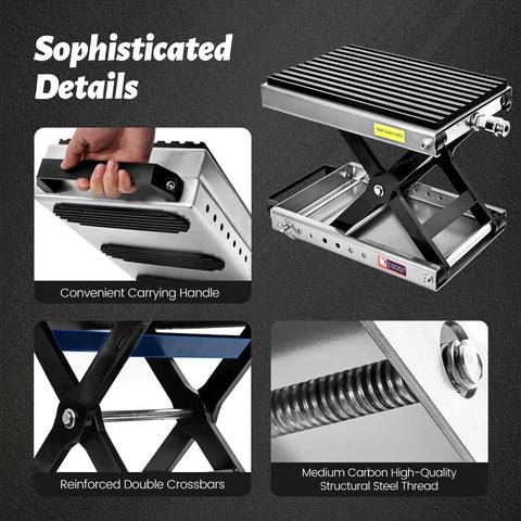 Motorcycle center stand jack, 1500 lb capacity, steel frame, reinforced crossbars, 0.48 in rubber pad, carrying handle.