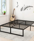 Sturdy Queen Bed Frame With 14 Inch Low Profile Platform Heavy Duty Steel Slat Support No Box Spring Headache For Memory Foam And Pillowtop Mattress Fast Easy Setup in a bright room.