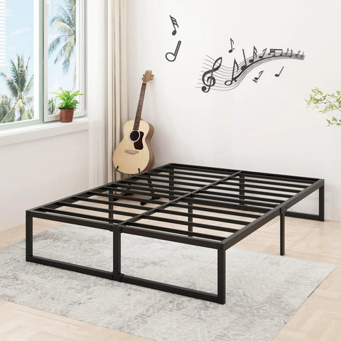 Sturdy Queen Bed Frame With 14 Inch Low Profile Platform Heavy Duty Steel Slat Support No Box Spring Headache For Memory Foam And Pillowtop Mattress Fast Easy Setup in a bright room.