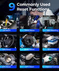 AD600S OBD2 Scanner Pro Grade Android 11 Diagnostic Tool showing 9 reset functions for car maintenance and repair.