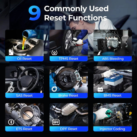 AD600S OBD2 Scanner Pro Grade Android 11 Diagnostic Tool showing 9 reset functions for car maintenance and repair.