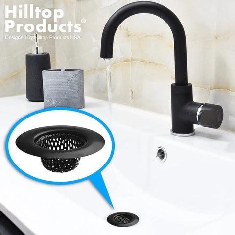 Image of Two Pack 2.25 Inch Top Diameter 1 Inch Basket Black Stainless Steel Sink Strainer Hair Catcher in a bathroom sink.