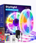 65.6 Ft RGB LED Strip Lights With 24V Smart Control App And IR Remote, packaging with color-changing LED reel, remote, and adapter