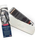 Charcoal pencils in metal tin six count with built in sharpener for easy sharpening, smooth graphite like tone, rich blends and bold lines