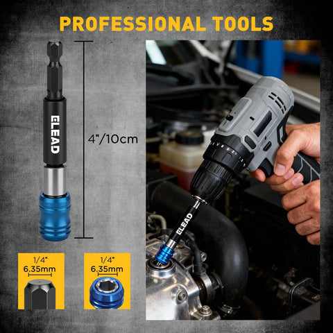 3 Piece One Quarter Inch Quick Change Drill Bit Holder Set With Four Inch Hex Shank Extensions No Slip CRV Steel Quick Release Bits Holder With Storage Base shown in use with a drill