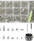 Dope Punk Studs And Spikes Kit Featuring 593 Heavy Duty Cone And Square Pyramid Studs Plus Awl Punch Set For Embellishing Denim Jackets And Leather Gear, showing various metal studs and tools in storage box.