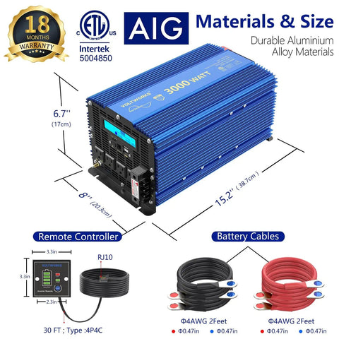 3000W Pure Sine Wave Power Inverter 12V DC To 110V 120V AC With 4 Outlets USB Ports LCD Display ETL Listed UL458 Off Grid Solar Ready